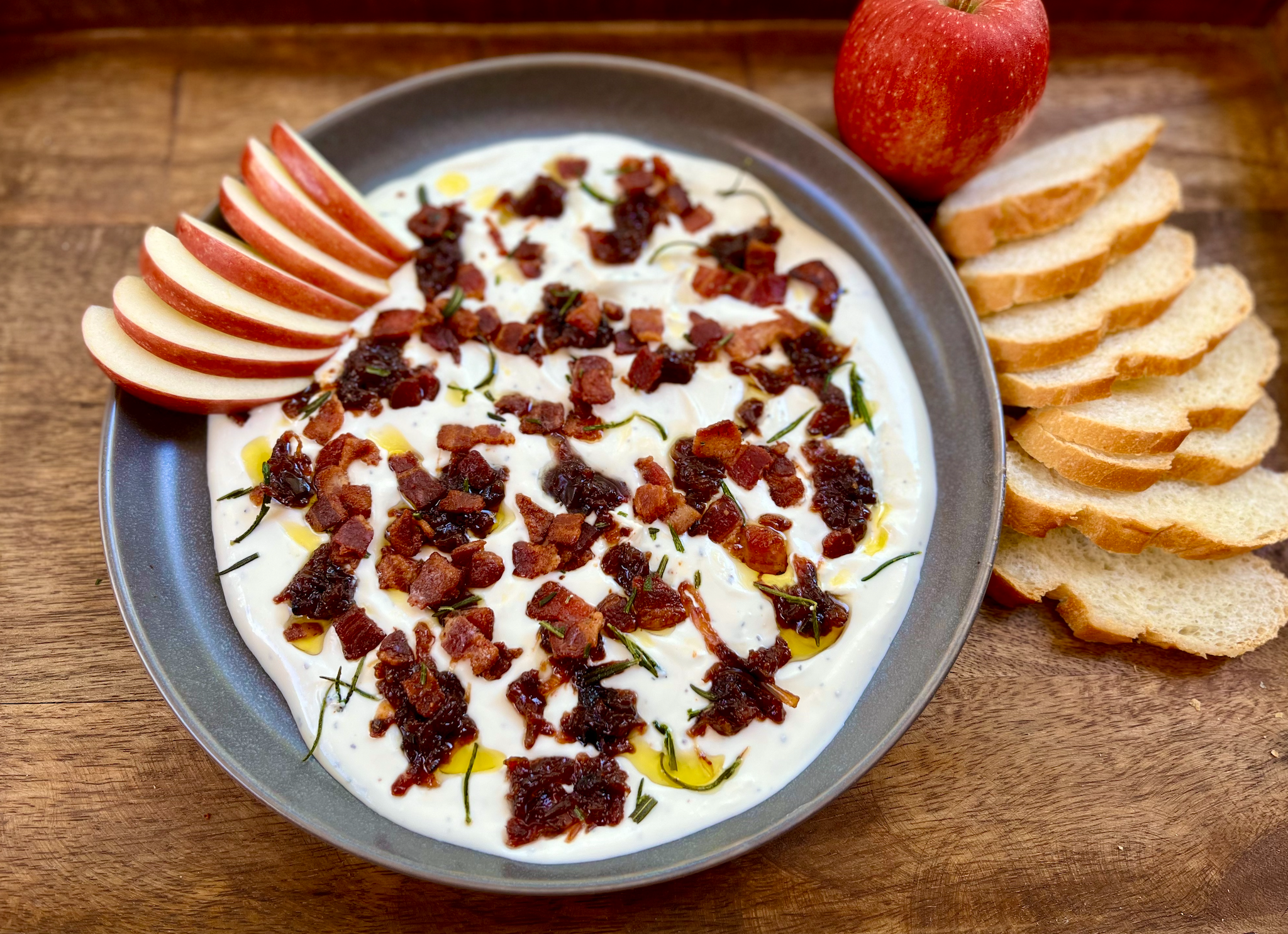 Whipped Goat Cheese with Bacon Date Marmalade and Crispy Rosemary.